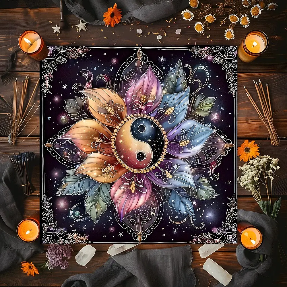 Mystical Colorful Yin Yang Mandala Design Square Tarot Tablecloth, Portable Tablecloth, Spiritual Witch-style home decor Altar Cloth Multiple Sizes Polyester Fabric, Easy to Clean Divination Cloth for Spreads & Rituals Gift for family and friends