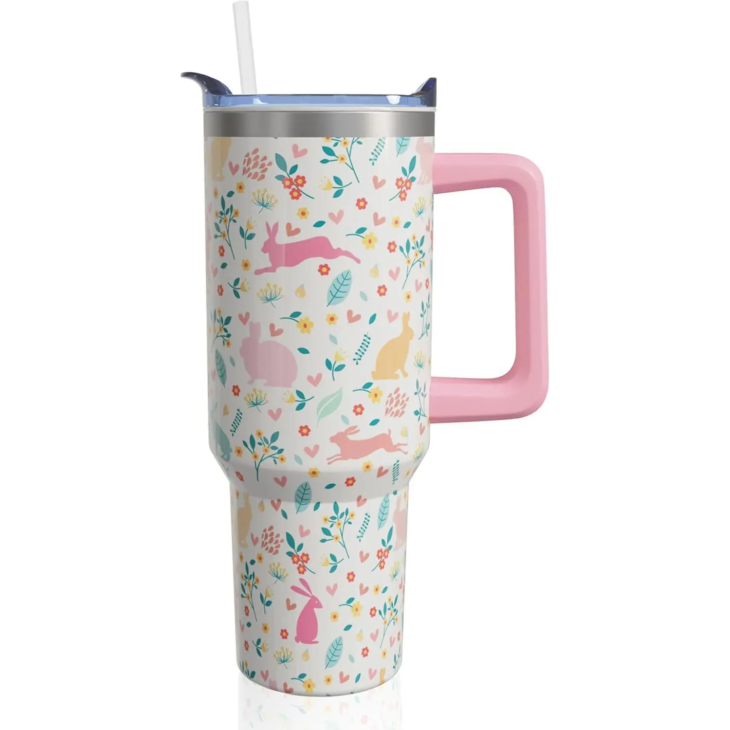 40 oz (500-1000 ml) Stainless Steel Insulated Easter Bunny Vacuum Flask Mug Tumbler - Reusable, Anti-Fade, Leakproof Double-Thread Twist Design Lid, Handle, Straw, Car Cup Holder Compatible, Portable Camping Drinkware for Adult Easter Gifts, Reuse, Coffee