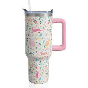 40 oz Easter Tumbler with Handle and Straw, Stainless Steel Insulated Bunny Tumbler 40 oz, Reusable Rabbit Cup with Leak Proof Lid, Easter Gifts for Adults