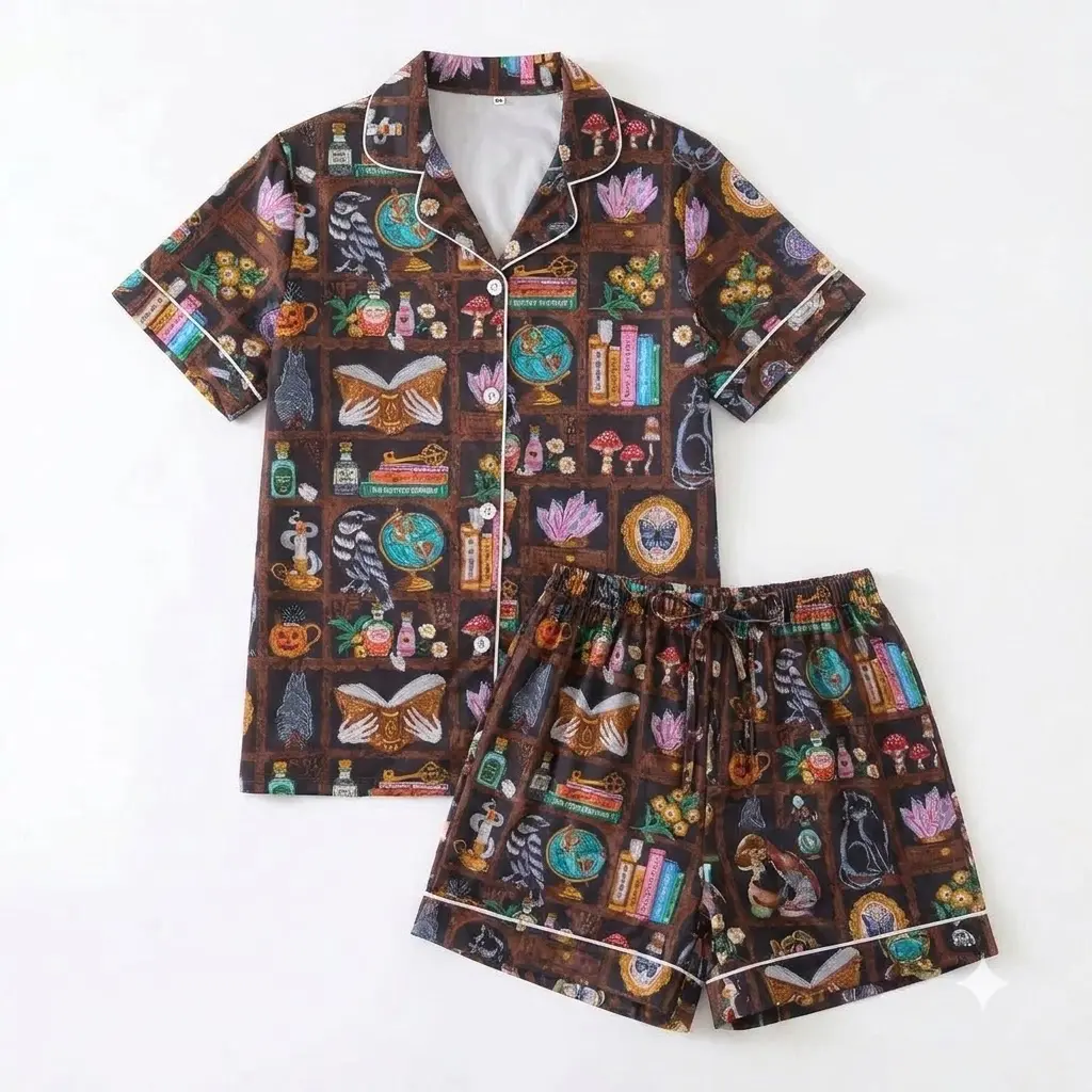 Dark Academia Magic Short Sleeve Pajama Set, Whimsigoth Magical Bookshelf Short Pajamas Two Piece Set, Vintage Celestial Sleepwear Loungewear Set, Comfy Women Spooky Pjs Set With Shorts, Witchy Aesthetic Sleepwear Gift