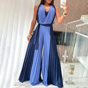 ChicMe Women's Colorblock Sleeveless Criss Cross Plunge V Neck Jumpsuit Casual Waist Tied Detail Wedding Guest Pleated Wedding Romper