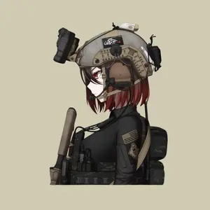 Tactical Anime Girl Sticker, Wearing Black Tactical Gear With Military Insignia, Vinyl Laptop & Car Sticker
