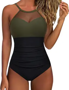 Women Tummy Control One Piece Swimsuit Sexy Mesh High Neck Bathing Suit