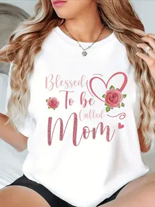 Women S Blessing of Being Called Mom T Shirt Pink Heart and Rose Print Short Sleeve Round Neck Top Casual Comfortable Fit Ideal Mother s Day Gift and Washable