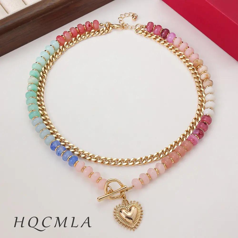 Women Two Layer Stackable Necklace Set Gradient Rainbow Stone Beaded Choker With Fringe Heart OT Clasp Pendant Dainty Thin Cuban Link Chain Y2K Dopamine Colorful Accessory Ideal Birthday Holiday Gift For Her Girlfriend