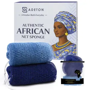 Authentic African Net Sponge, 2-Pack | Knotted Exfoliating Shower Sponge for Soft, Smooth, and Glowing Skin (Navy Blue & Sky Blue)