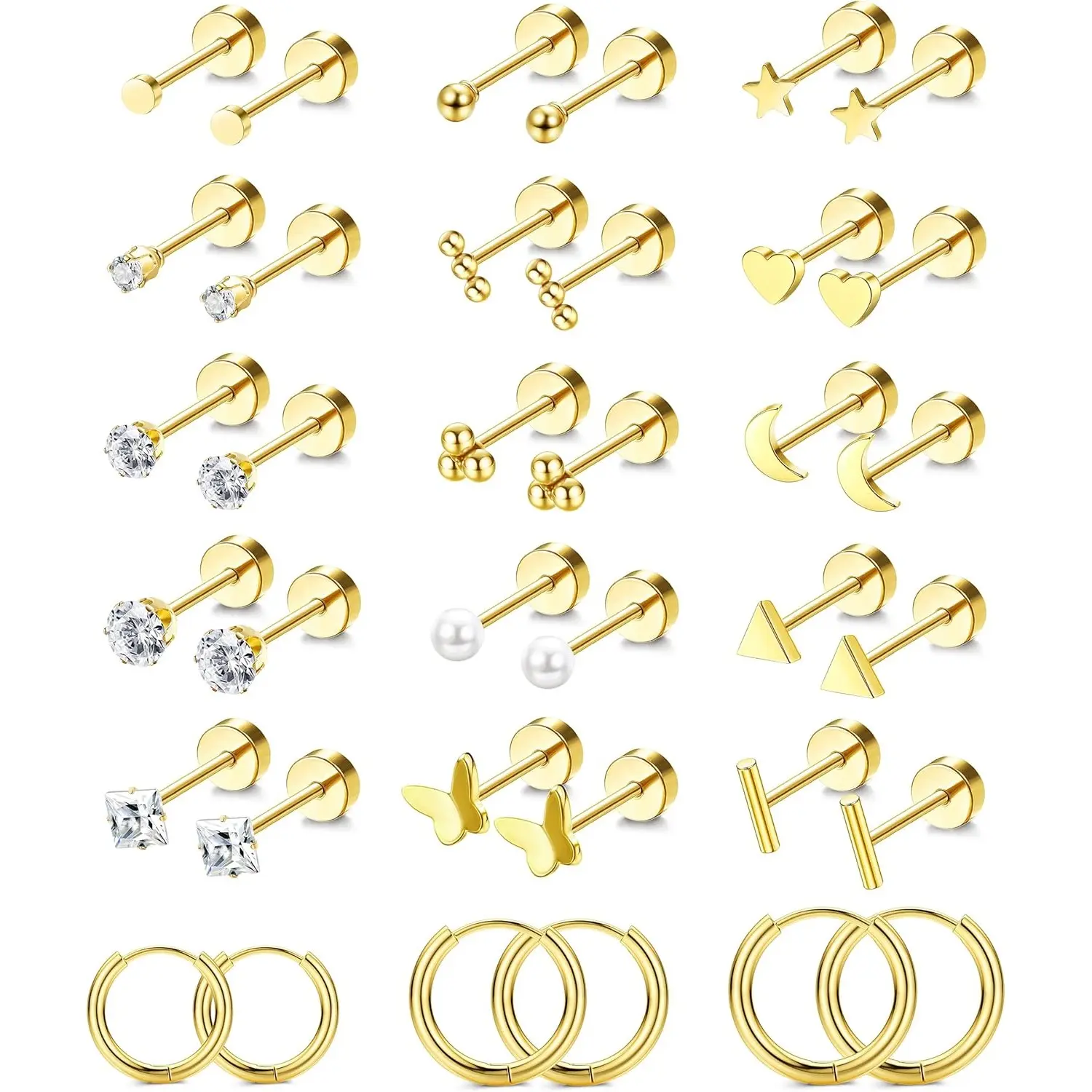 MILACOLATO Unisex Tiny Shapes Flat Back Earrings Jewelry - 14K Gold Plated Surgical Stainless Steel Screw Back Cartilage Earrings for Sensitive Ears, Casual Secure Fit Multiple Piercing Sets (Ideal for Anniversary, Birthday)