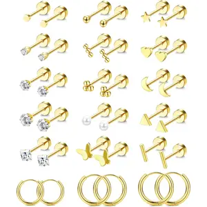 MILACOLATO Small Hypoallergenic Flat Back Stud Earrings for Women Men, 14K Plated Gold Surgical Stainless Steel Earrings for Sensitive Ears Tiny Screw Back Cartilage Earring Sets for Multiple Piercing