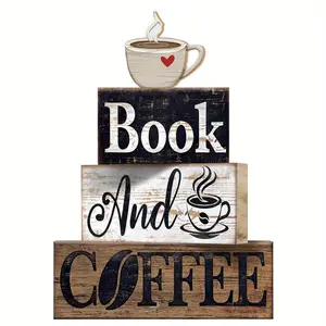 4 Piece Boxwood Coffee Party center decoration, Rustic Kitchen Decor Accessories, Coffee Wall Art for Home Decoration, Kitchen Signs Wall Decor Set for Cafes and Dining Rooms, Gift for Coffee Lovers, Wooden Home Sign