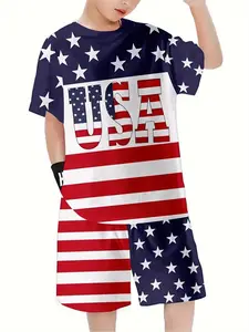 Boys' American Flag Element Set, Eye-Catching, Vibrant Pattern Usa Letter Casual, Fitted Pants for Outdoor Wear, All Seasons