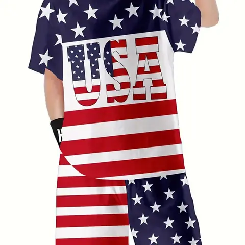 Boys' American Flag Element Graphic Print Set, Fashion, Eye-Catching, Vibrant Pattern Usa Letter Casual, Fitted Pants for Outdoor Wear, All Seasons, Children, Casual Set Youth