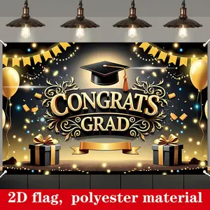 Large Graduation Banner - 1pc 2D Flat Polyester Party Decoration Supplies, 180cm x 110cm Durable Material, "Congrats GRAD" Design with Cap, Diploma, Sparkling Lights & Balloons, Ideal for Indoor/Outdoor Graduation Celebrations