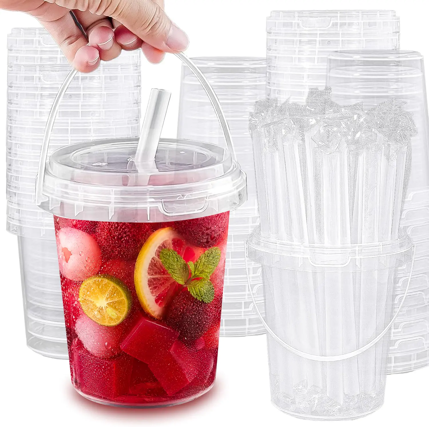 15/30 Sets Leakproof Disposable Plastic Cup Lids with Straws & 34oz Reusable Coffee Cups - Easy to Carry Kitchenware for Pool, Campfire/BBQ Party, Coffee Time - Ideal Father's Day Gift Drinkware Supplies,drink buckets,bucket,buckets for drinks
