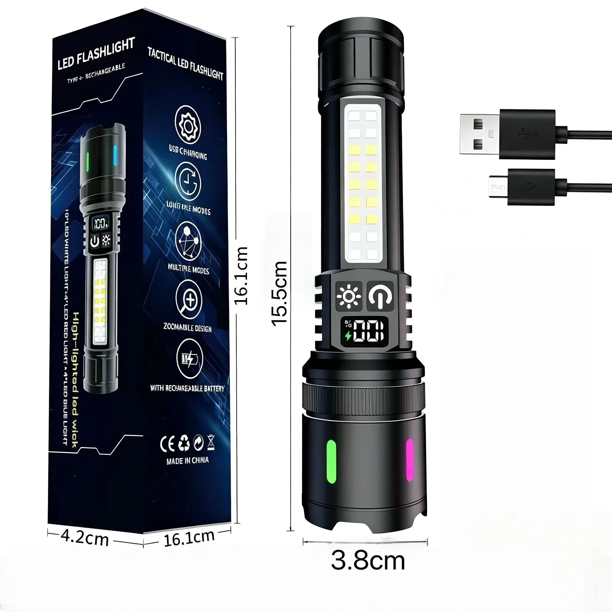 Super Bright Zoom Flashlight with Side COB Light, Rechargeable Long Lasting Handheld Flash Light, IPX6 Waterproof Emergency Torch for Camping Hiking Survival