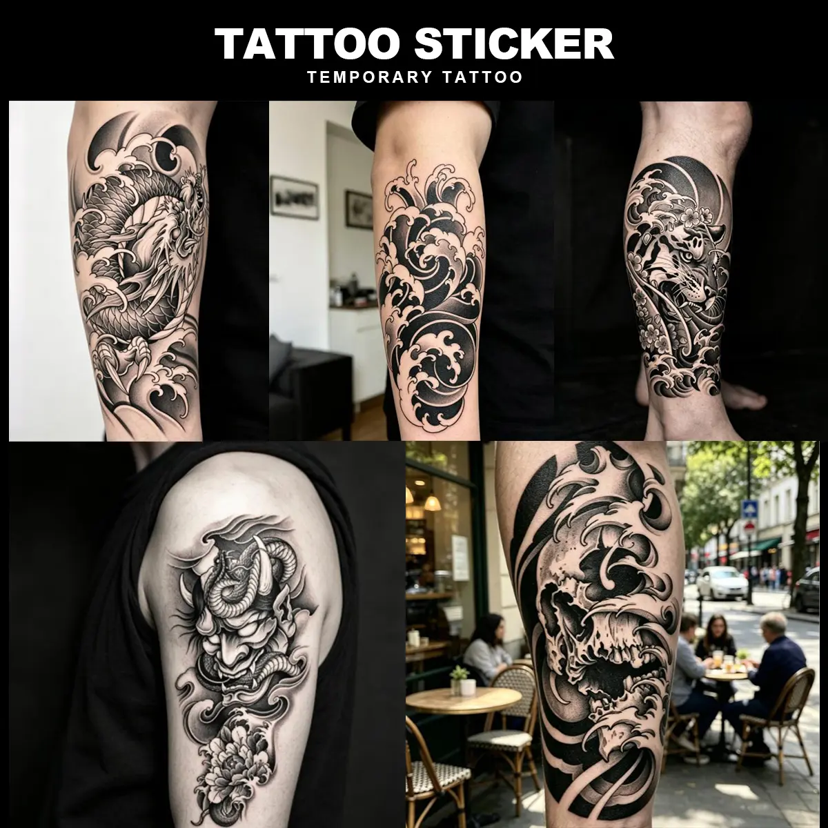5Pcs Japanese Traditional Temporary Tattoos Set, Waterproof Long-Lasting Black Fake Tattoos, Dragon Hannya Skull Wave Body Art for Men, Skin-Safe No Pain Sleeve Tattoos
