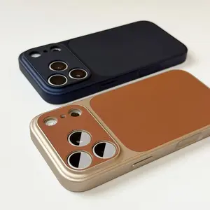 Vintage Synthetic Leather Texture Protective Phone Case - Compatible with iPhone 17/16/15/14/13/12/11 Pro Max Plus, 17 Pro, 16 Pro, 15 Pro - Luxury Instant Transformation to 17 Vintage Style, Large View Window, Shockproof Silvery Frame