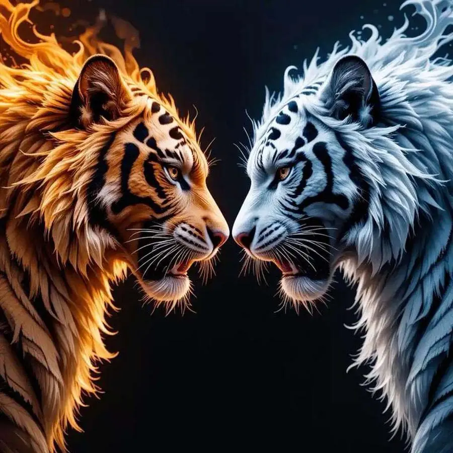 5D DIY Full Diamond Round Drill - Diamond Painting Kit Fire Tiger, Water Tiger Mosaic Canvas DIY Wall Art, Home Wall Decoration