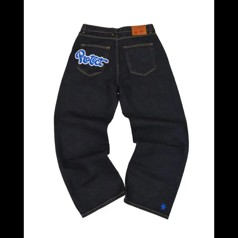 Black pants with blue lettering