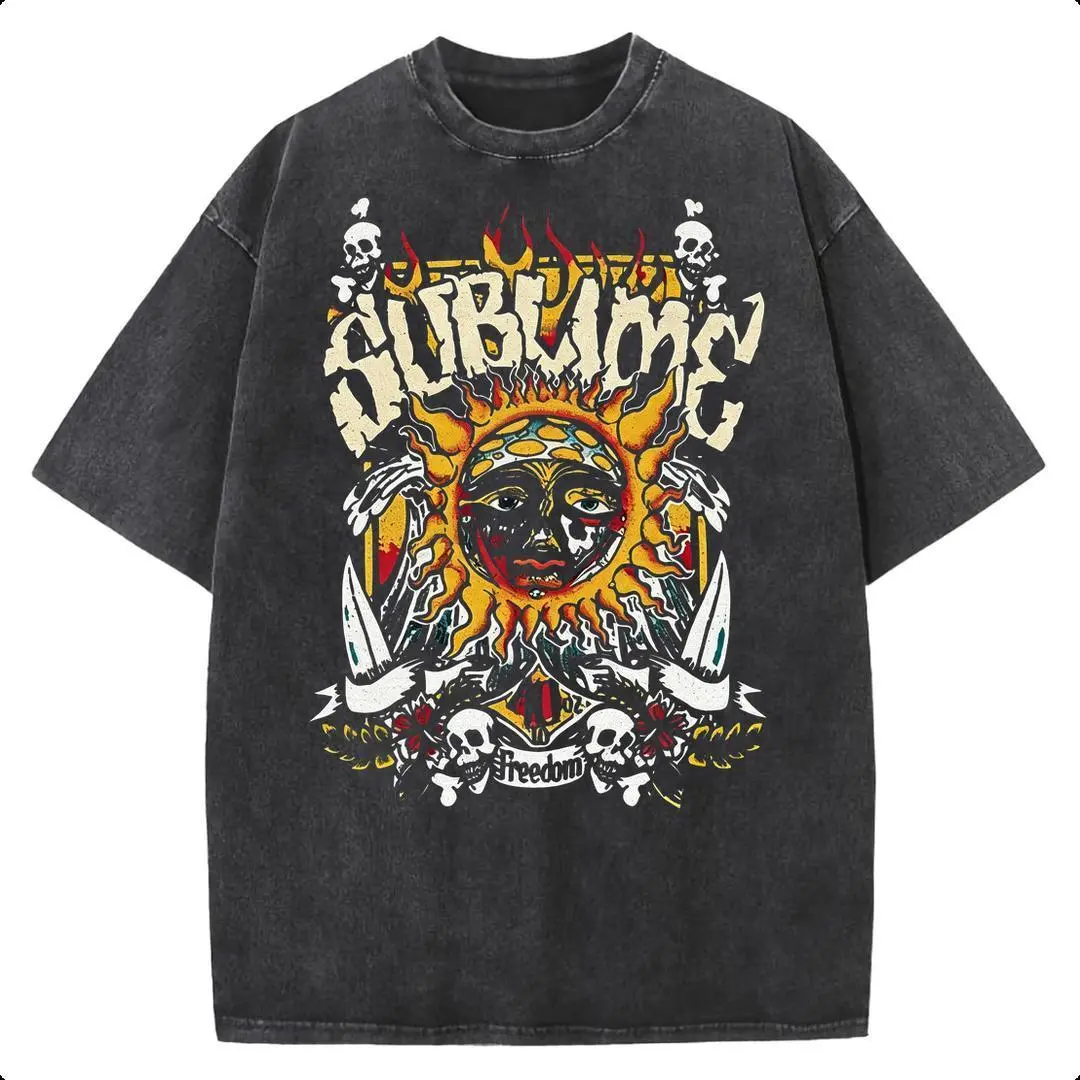 Vintage Washed Black Sublime Band Oversized T-Shirt 90s California Surf Reggae Punk Graphic Tee Casual Classic