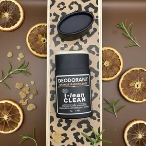 i-lean CLEAN Orange Frankincense Deodorant - 75g 2.5oz Plastic & Aluminum free, Eco-Friendly, push-up Biodegradable Oval Container, black, unisex, natural ingredients, plastic-free