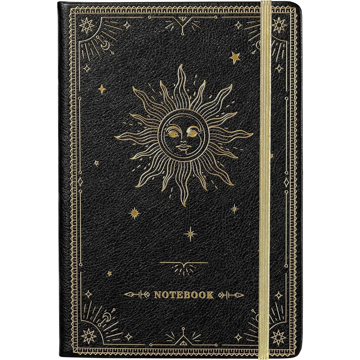 Hardcover Classic Faux Leather Ruled Notebook - 5.8x8.4in Large Size, 144 Pages, Cream and Acid-Free Thick Paper, Elastic Band, Sun Stamp, Expandable Back Pocket, Page Dividers, Reduce Ink Leakage, Shade Fix, Erase Fraying, Office Stationery Gift