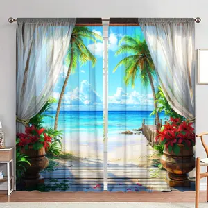 Beach Scene Pattern Door Curtain, 1 Set Including 1 Count Door Curtain & 1 Count Tie Rope, Home Decor for Living Room Bedroom Hotel