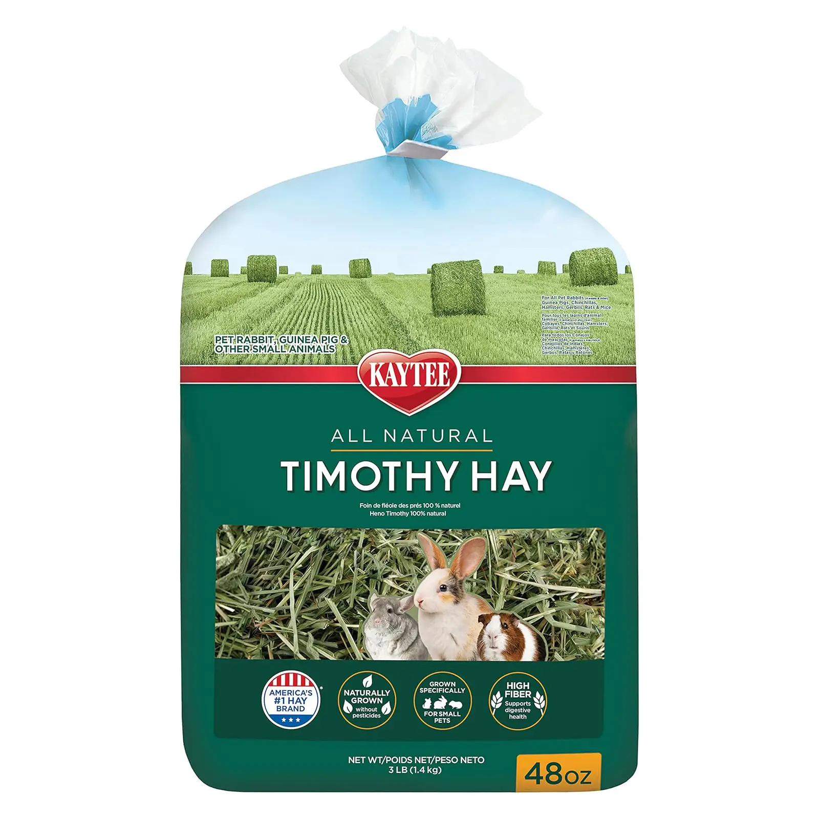 Kaytee Timothy Hay, High Fiber for Rabbits, Guinea Pigs, 48 Ounces Supports digestive health. Hand-selected rabbit hay. Guinea pig hay, chinchilla hay, pesticide free