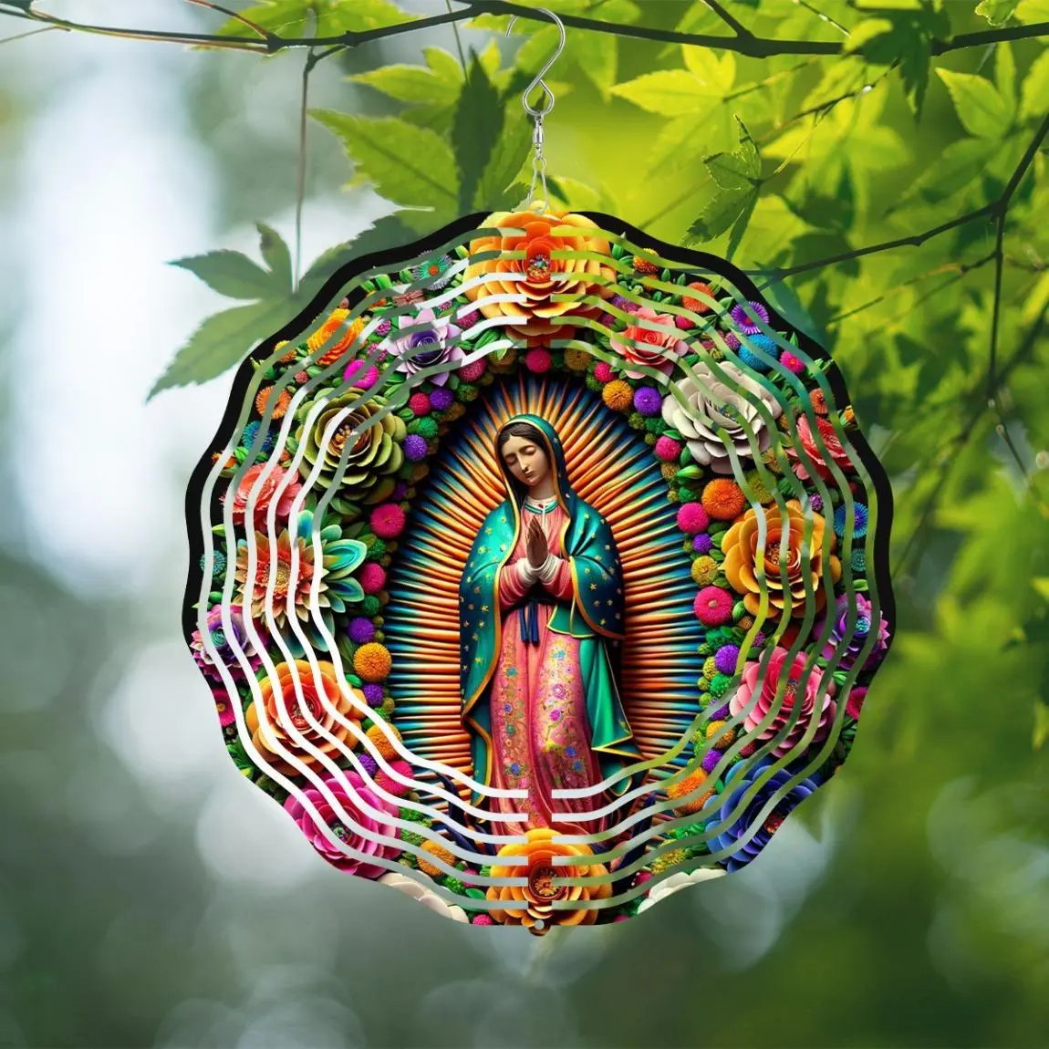10-Inch Dual-sided Vibrant Virgin Mary Metal Windmill, Double Sided Wind Spinner, Garden Decoration for Yard, Porch with Rotating Hook, Garden Sculptures Statues, Garden Accessories