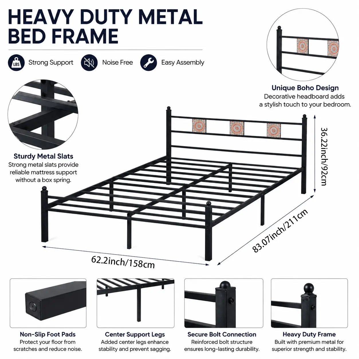 Boho Heavy-Duty Metal Platform Bed Frame, Twin & Queen Sizes, Noise-Free Steel Slats, Easy Assembly, No Box Spring Needed, Sturdy for Bedroom & Dorm