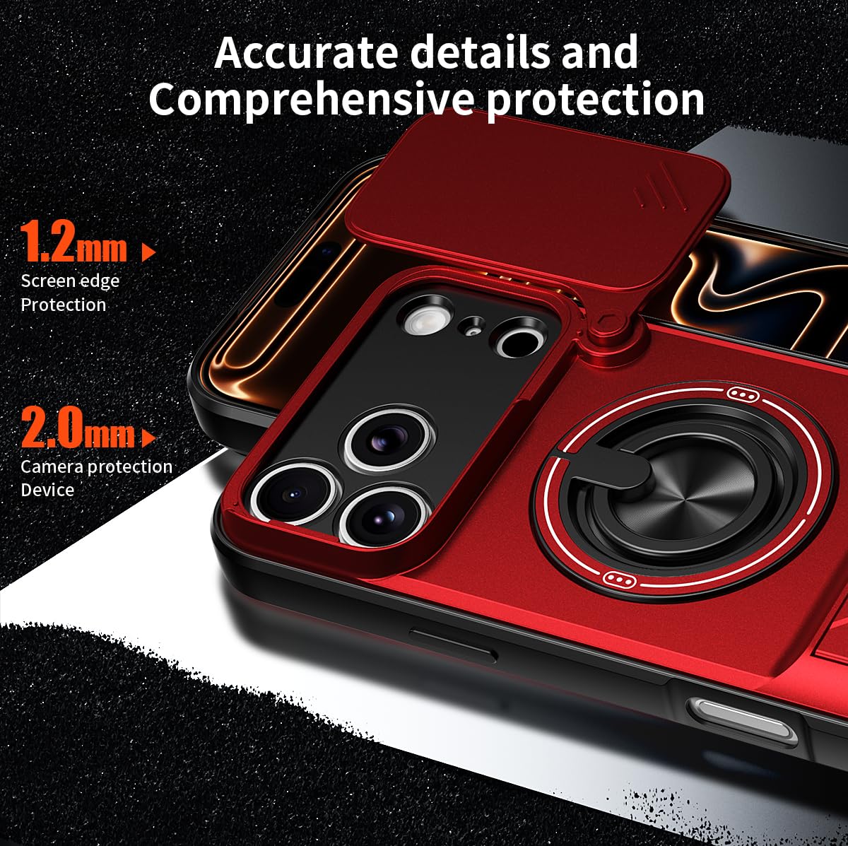Slide Lens Protection 360° Rotate Magnetic Ring Kickstand   Shockproof Heavy Duty Protective Cover Ultra Thin Compact Design for iphone 17 pro case Pro Max/16 pro max cases/15/14/13/12/11 Series & Samsung mobile phone series with Protector