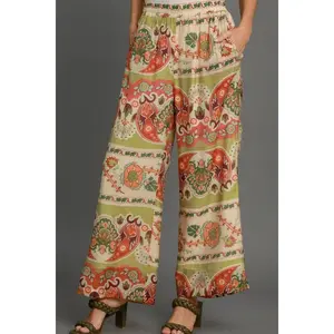 Umgee Full Size Wide Leg Border Print Pants Plus Size