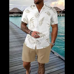 Men's Leaf Print Drawstring Waist Shorts Set, Casual Collared Button Short Sleeve Top & Shorts Set, National Day Clothing, Summer Outfits 2024, Holiday Outfits 2024, Menswear Suits Tropical national day clothing