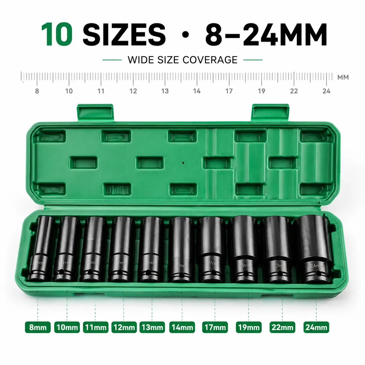 QZDASHU 10Pcs 1/2" Drive Deep Impact Socket Wrench Kit, Metric 8-24mm High Carbon Steel Long Wheel Socket Set, Automotive Tools for Electric Impact Wrenches with Storage Case (millimeters equivalent)