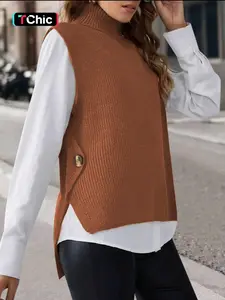 Women's Plain Button Detail High Low Split Sweater Vest, Casual Turtleneck Sleeveless Knit Top, Ladies Fall & Winter Clothes for Daily Wear