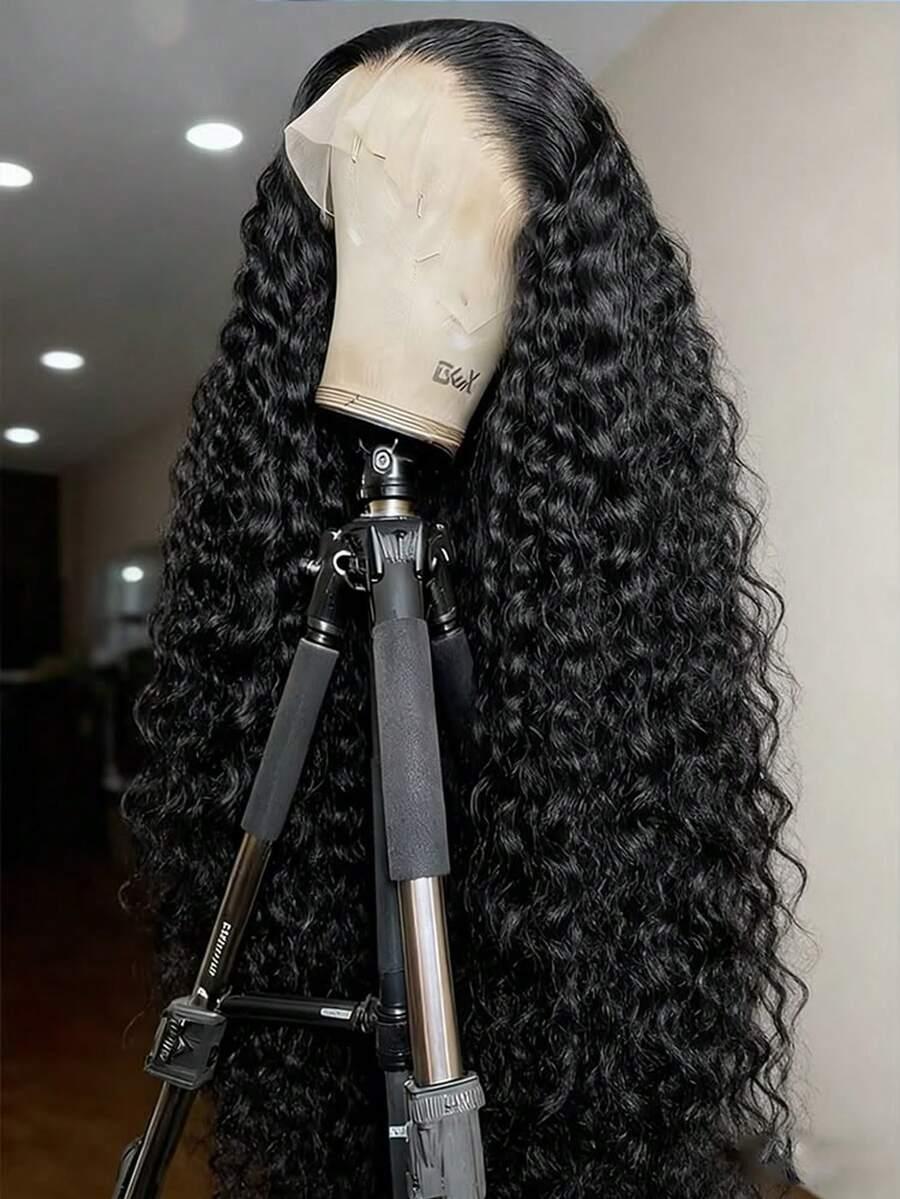Bling Hair Transparent Brazilian 13x6 Deep Wave Lace Front Human Hair Wigs For Women 180 Density HD 13x6 Kinky Curly Lace Frontal Wigs 36 38 Inch Natural Black Color Preplucked Hairline Wigs