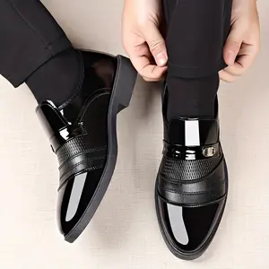 Men's Slip-On Loafers- Smooth Black Dress Shoes with Elastic Board