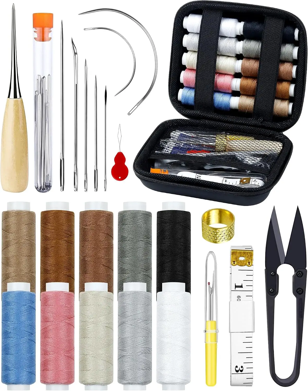 1Set Upholstery Repair Sewing Kit Heavy Duty Sewing Kit with Sewing Awl Seam Ripper Leather Hand Sewing Stitching Needles Sewing Thread for Car Sofa Backpack Shoe Craft DIY(47 Pieces)