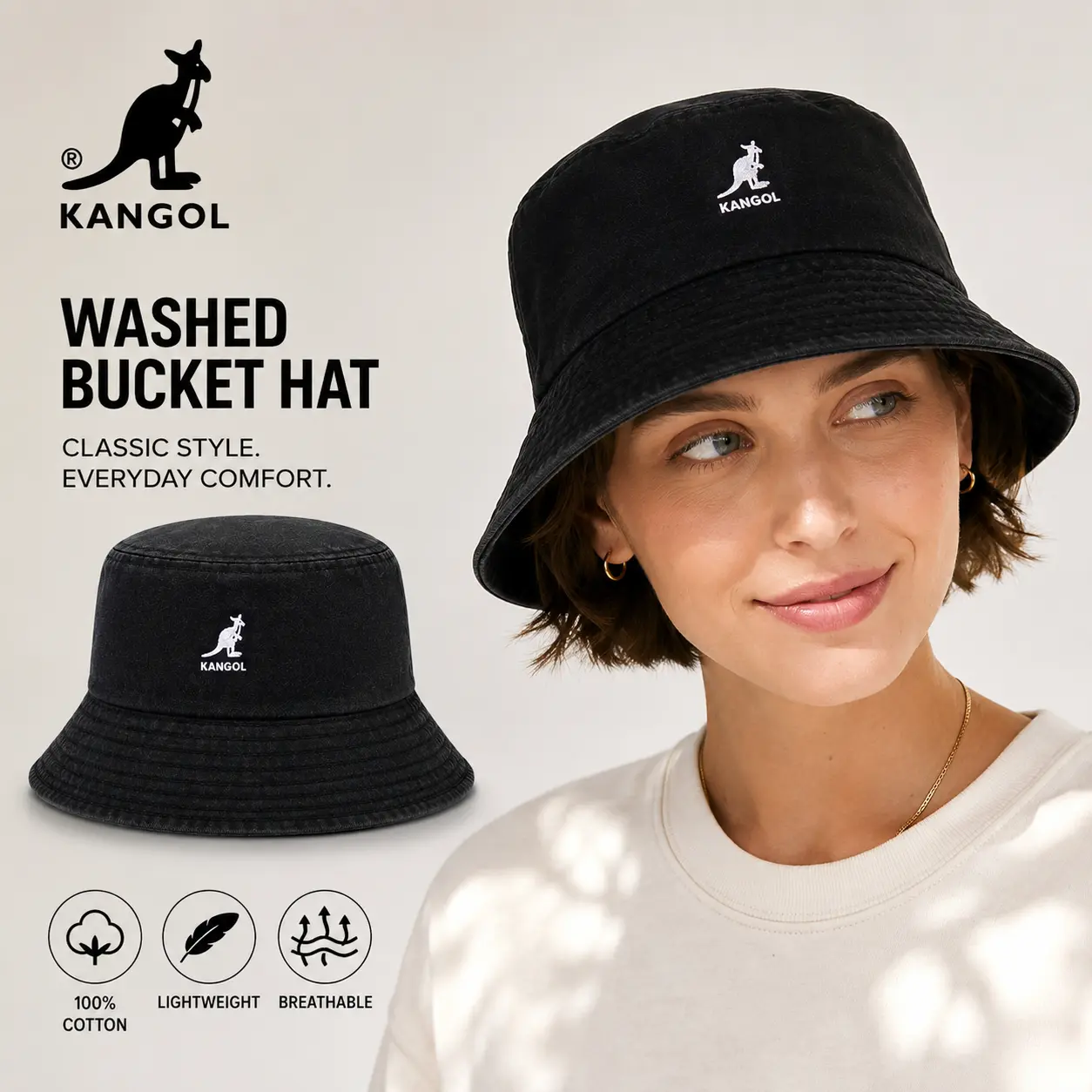 Kangol Washed Bucket Hat - 100% Cotton Black Unisex Casual Hat, Lightweight, Breathable, Flat Crown Classic Style for Everyday Wear, Sizes M/L/XL
