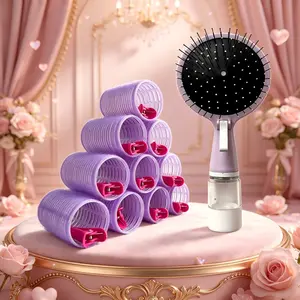 Curly Hair Roller Set, Round 2-In-1 Self-Cleaning Spray Brush, Dual-Sided Detangling, Static Protection, Scalp Massage Brush, for All Hair Types