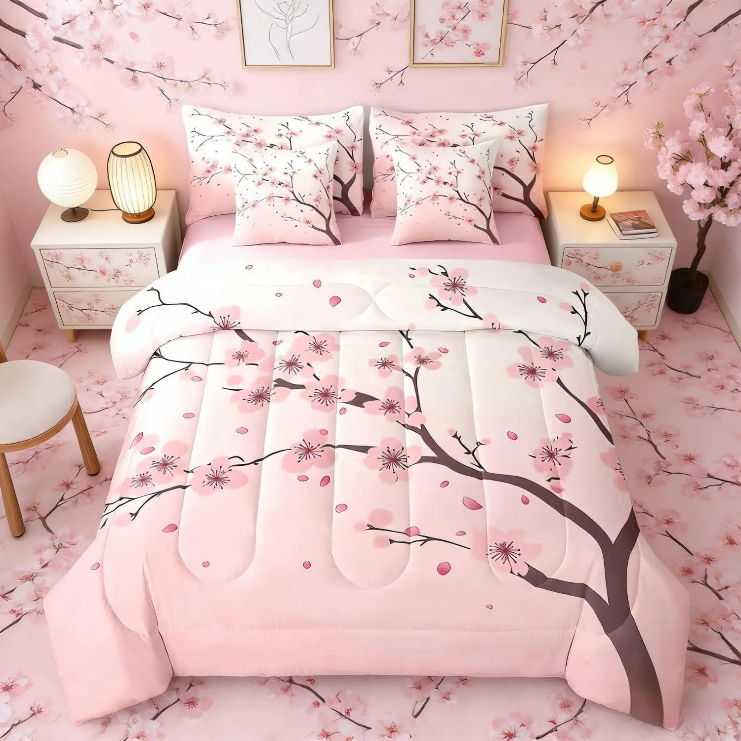 Feelyou 7-Piece Cherry Blossom Decorative Bedding Set - Pink Floral Japanese Spring Bedsheet Sets, Petal Branch Pillowcases, Romantic Comforter for Kids' Girly Bedrooms