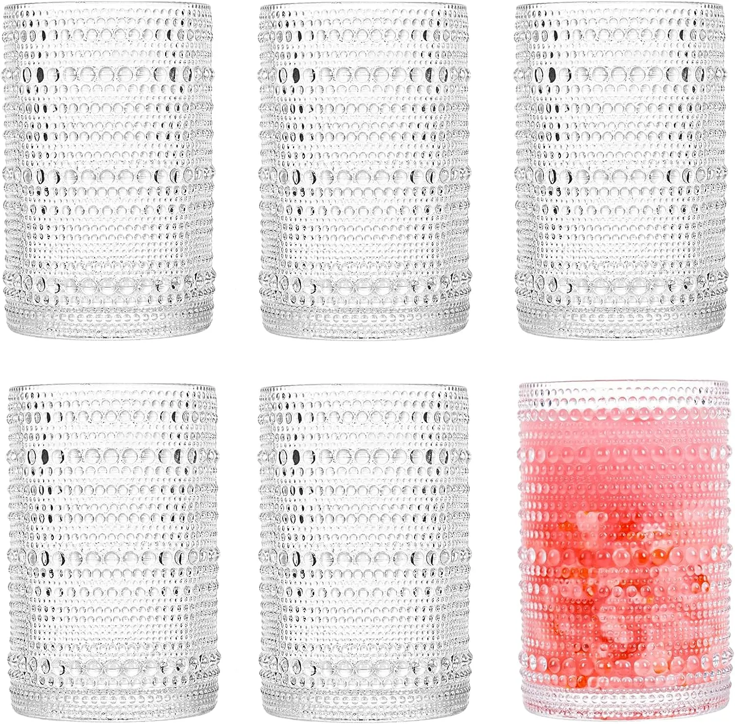 Large Glasses Set of 6, 15 oz Hobnail Glassware Thick Glass Heavy Base