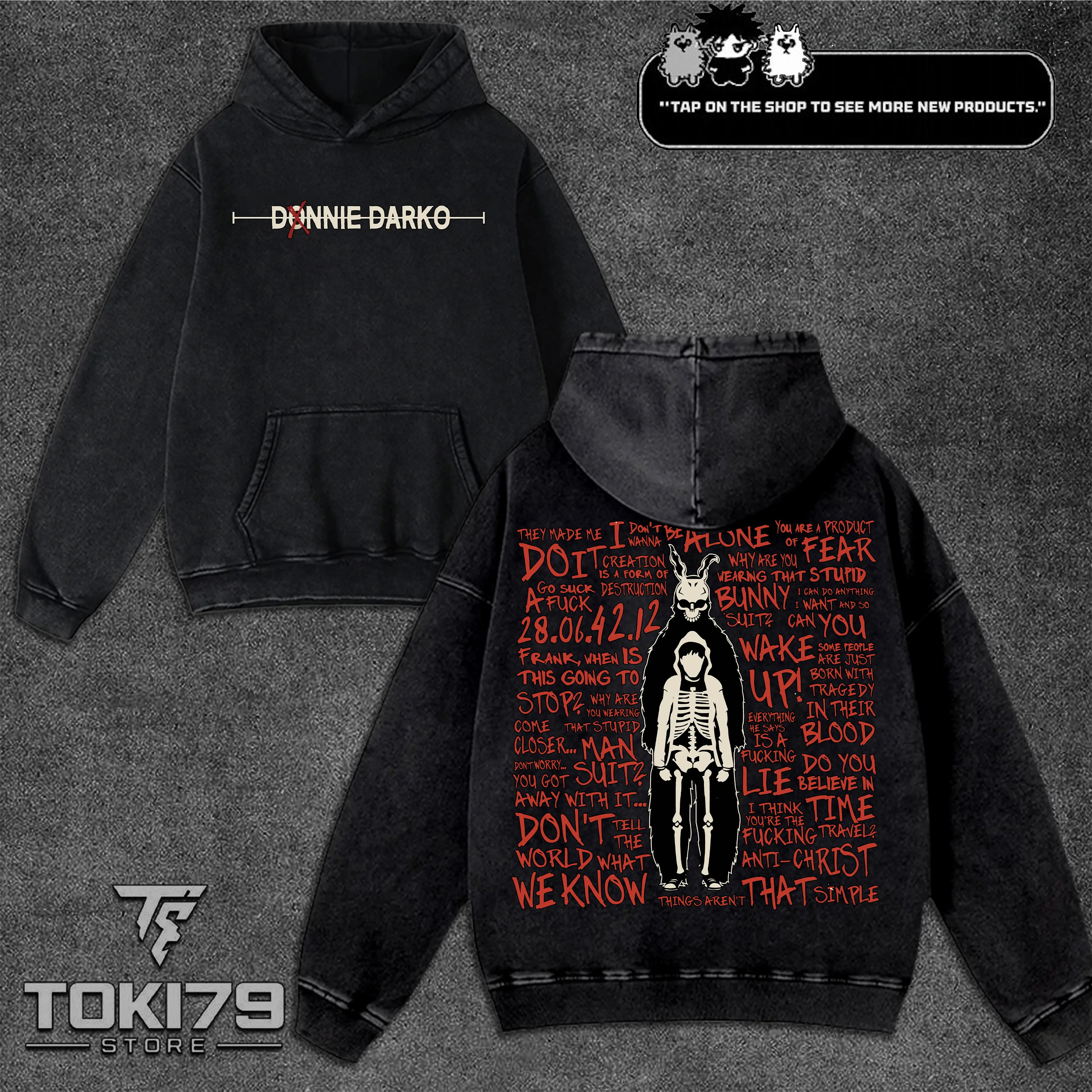Donnie Darko movie hoodie, sweatshirt acid wash 2 Sided soft cotton t-shirt unisex neck graphic t-shirts horror movie Menswear Streetwear 90s retro black oversize clothing merch