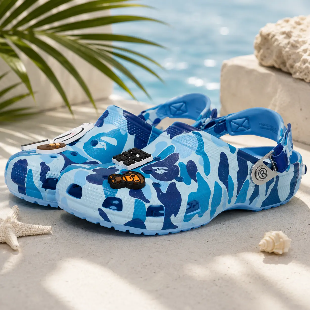 Women's Y2K Blue Camouflage Streetwear Foam Clogs, Breathable Non-Slip Platform Sandals with Pins