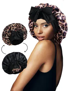 Double Layer Leopard Print Elastic Sleep Cap with Long Tail Bowknot, Luxurious Comfortable Hair Protection Hat, Wide Satin Edge, Sleeping Bonnet