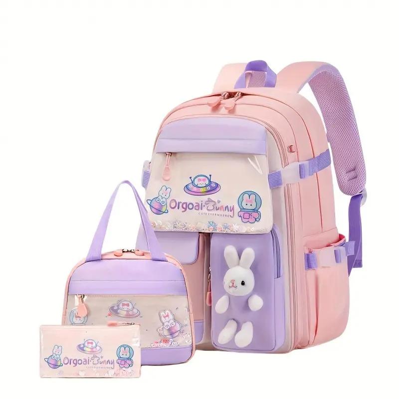 Girls' 3-Piece Character-Themed 3D Bunny Backpack Set - Child-Sized Nylon-Polyester Handbag, Pencil Case, Lightweight Design, Adjustable Straps, Bunny Shaped, Cartoon Character, Character-Themed Backpacks, 3D Bunny Backpacks