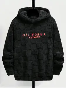 Men's Letter Embroidery Drop-Shoulder Fuzzy Pullover Hoodie - Regular Fit, Casual Fashion Fabric, Long-Sleeve, Menswear Tops for Spring & Fall, Daily Wear, Streetwear, Dark Gray