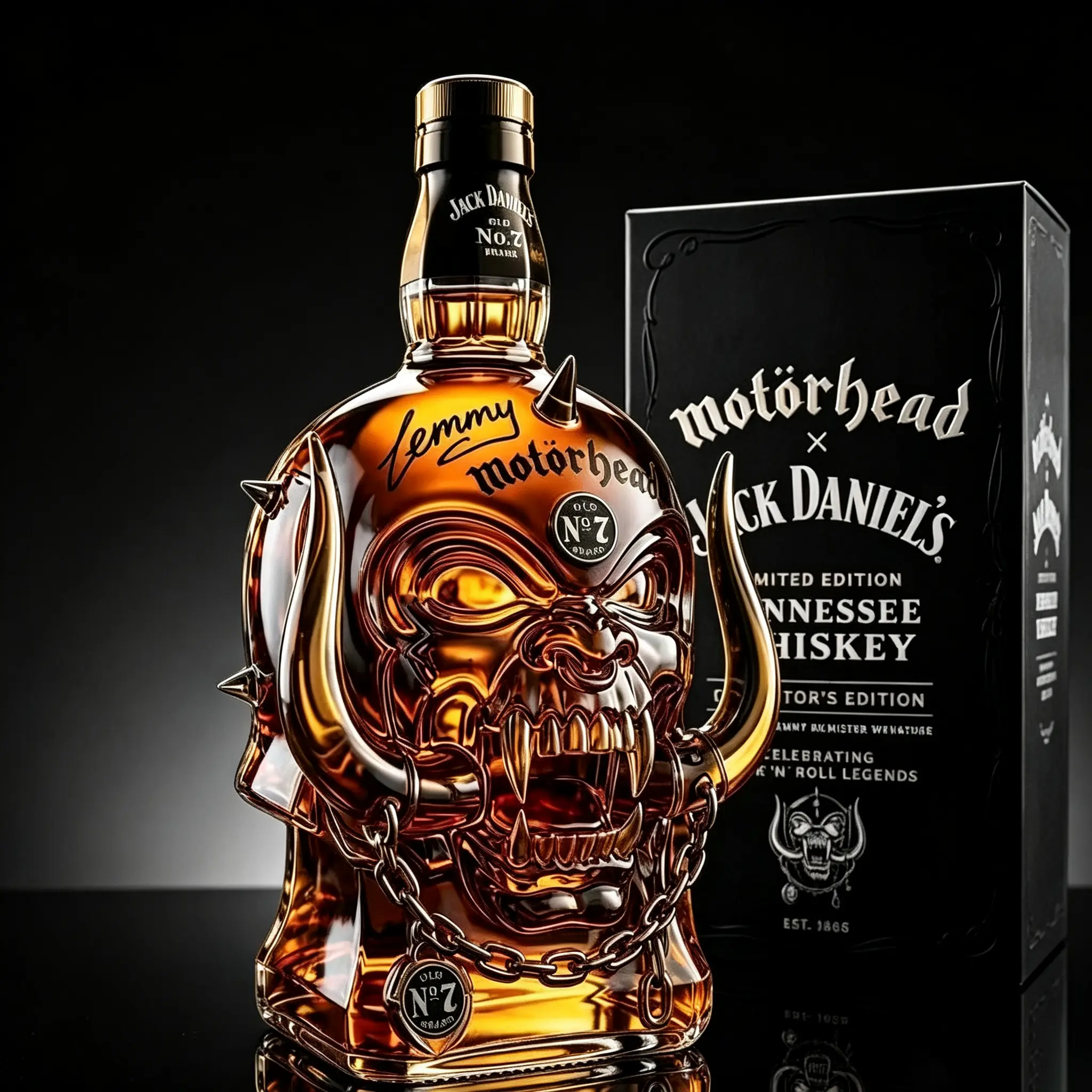 Motorhead x Jack Daniel's Limited Edition Tennessee Whiskey Bottle Replica Display Model, Lemmy Warpig Skull Horned Glass Liquor Bottle Decor with Gift Box, Rock Roll Bar Collectible Ornament for Man Cave Home Decor
