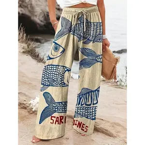 Women’s Retro Sardine Art Print Wide Casual Pants