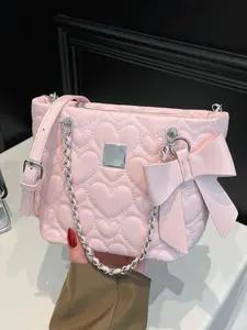 Sweet Heart Backpack with Embroidered Butterfly Knot, Chain Strap & Leather Shoulder Straps, Fits Phone Lipstick, School/date Use