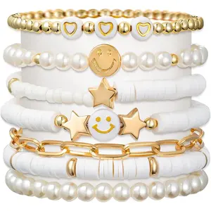 Preppy Bracelets Set Colorful White Gold Smile Heart Star Polymer Beaded Pearl Clay Stackable Charm Y2K Kidcore Aesthetic Summer Beach Bohemian Stretch Layering Bracelets Jewelry for Girls Women Teens B0C714PLH2